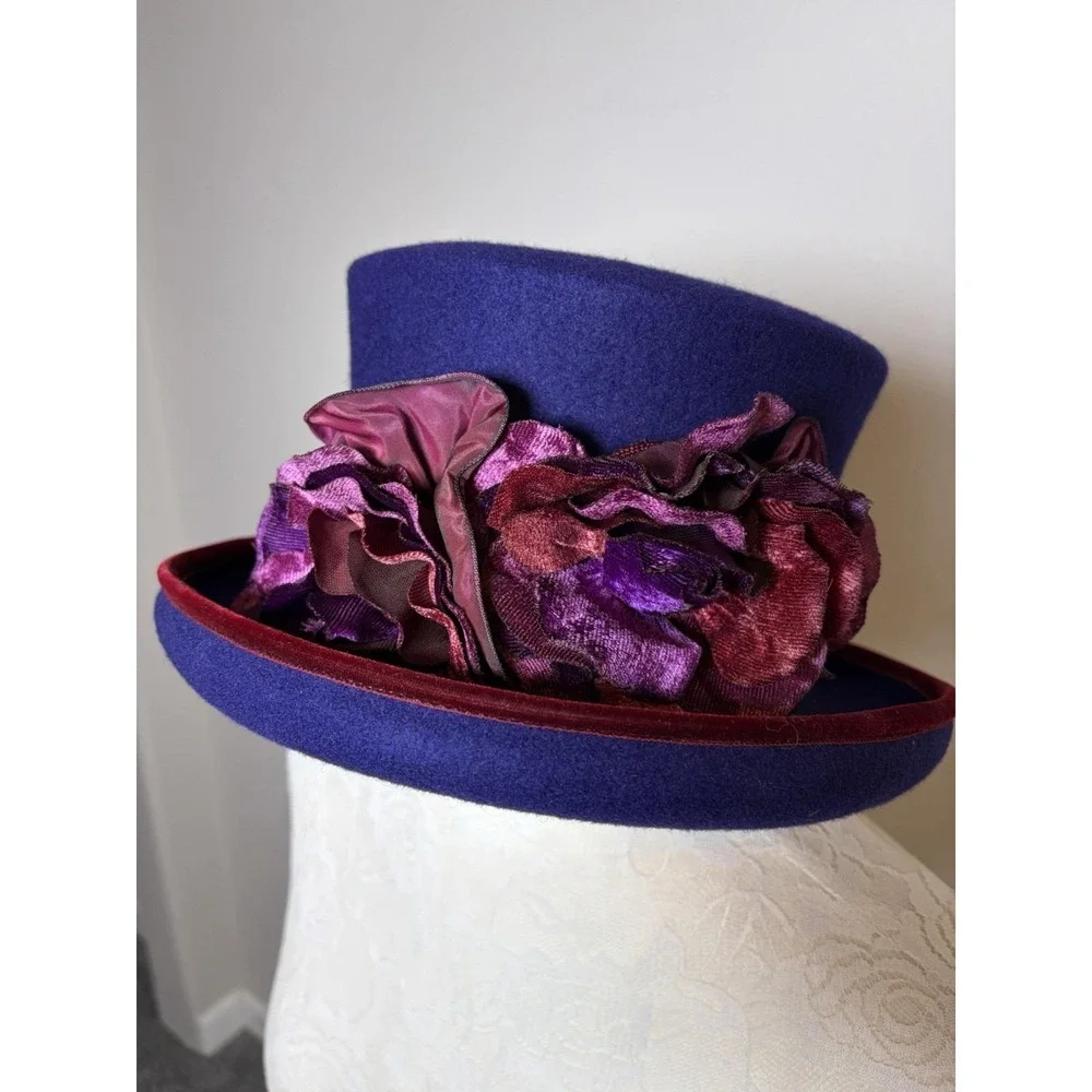 Vtg 80's Eric Javits NY Purple Wool Mad Hatter Hat~Womens~ Burgundy Flowers USA - Picture 4 of 14